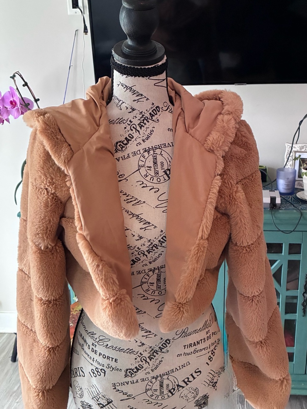 SHEIN Camel Teddy Faux Fur Hooded Cropped Jacket